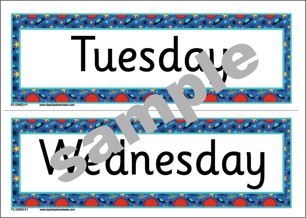 FLASHCARDS: The DAYS of the WEEK - (Font 2) Planet border.