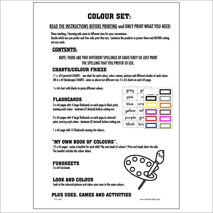 Theme Pack - COLOURS - Charts, Frieze, Activities, Booklet, Flashcards, Colour Wheel, Games