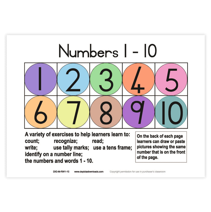 Booklet: Numbers 1-10: reading, writing, identifying, counting...