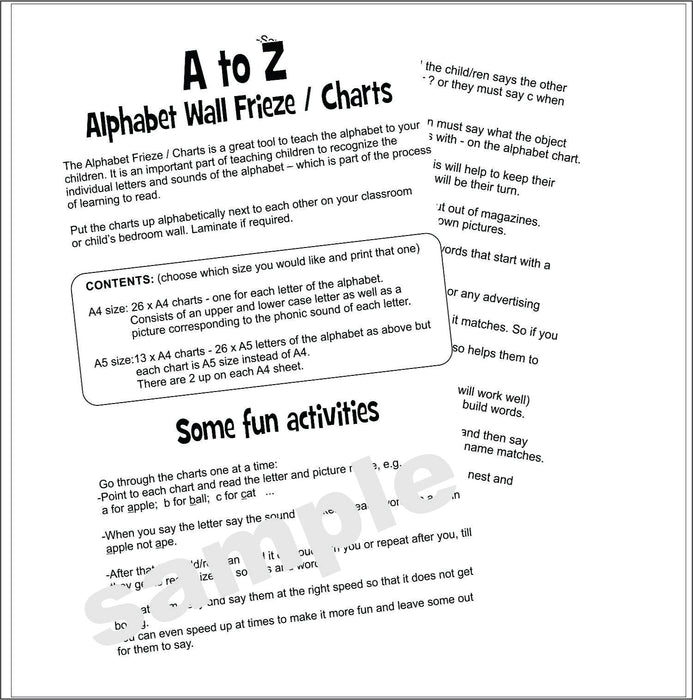 WALL CHARTS & ACTIVITIES: A - Z ALPHABET CHARTS / FRIEZE (Sassoon / Nelson / Natalia type fonts)