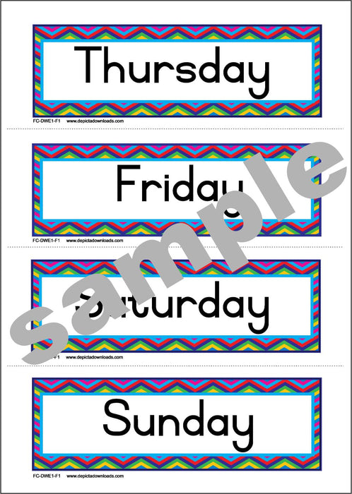 FLASHCARDS: The DAYS of the WEEK - (Font 1-Rounded font) Chevron border.