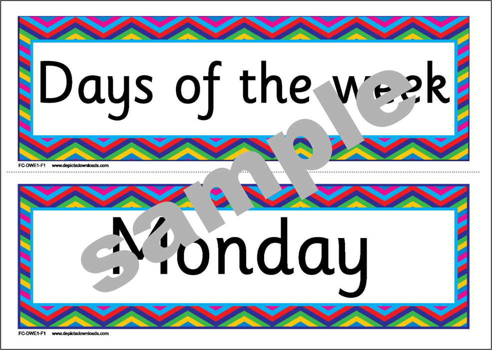 FLASHCARDS: The DAYS of the WEEK - (font 2) Chevron border.