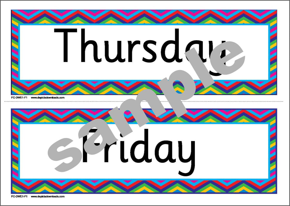 FLASHCARDS: The DAYS of the WEEK - (font 2) Chevron border.