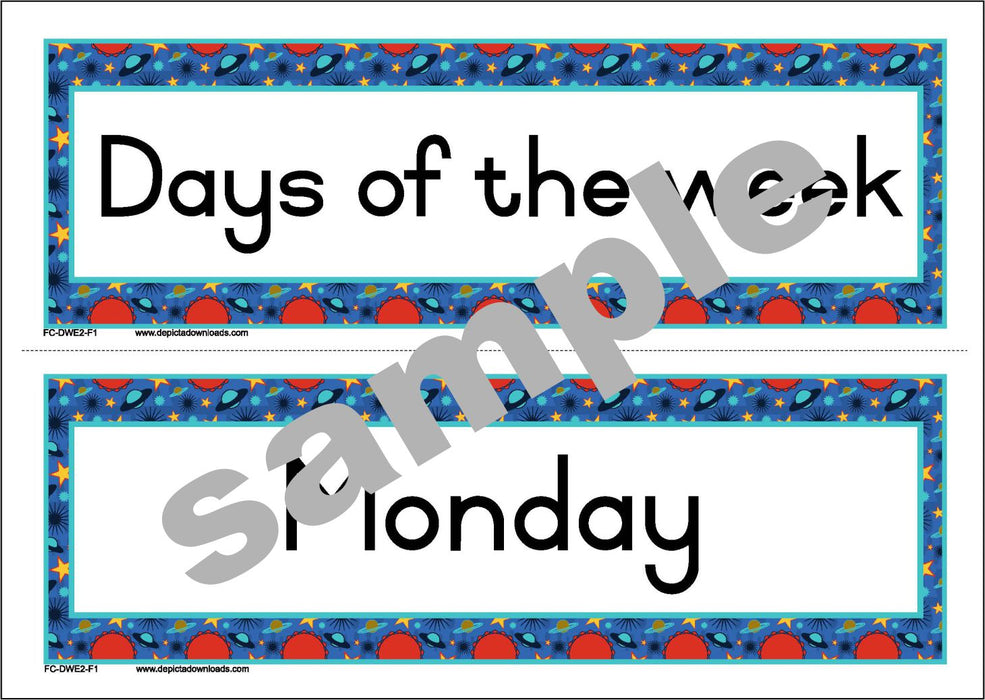 FLASHCARDS: The DAYS of the WEEK - (Font 1) Planet border.