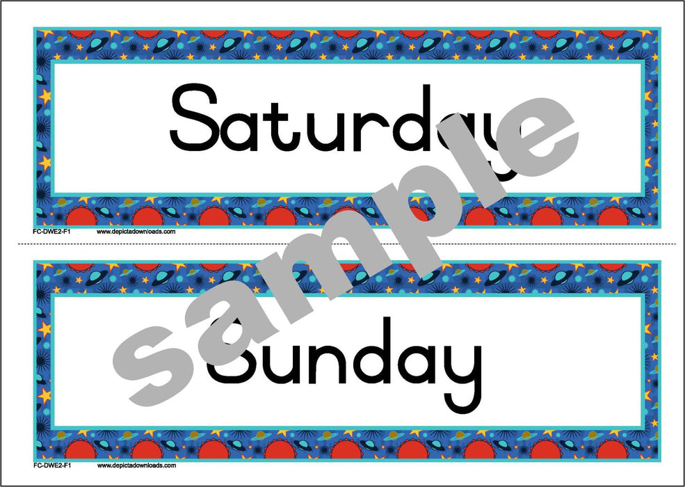 FLASHCARDS: The DAYS of the WEEK - (Font 1) Planet border.