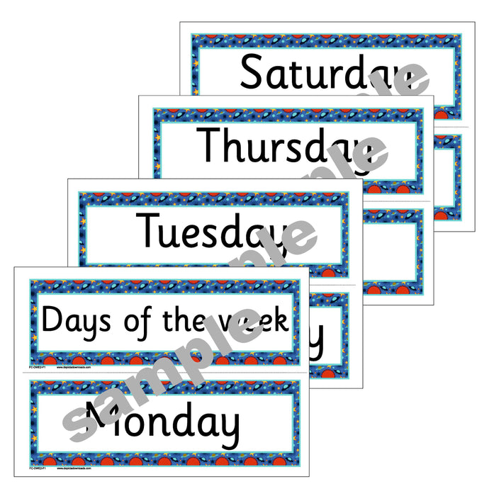FLASHCARDS: The DAYS of the WEEK - (Font 2) Planet border.