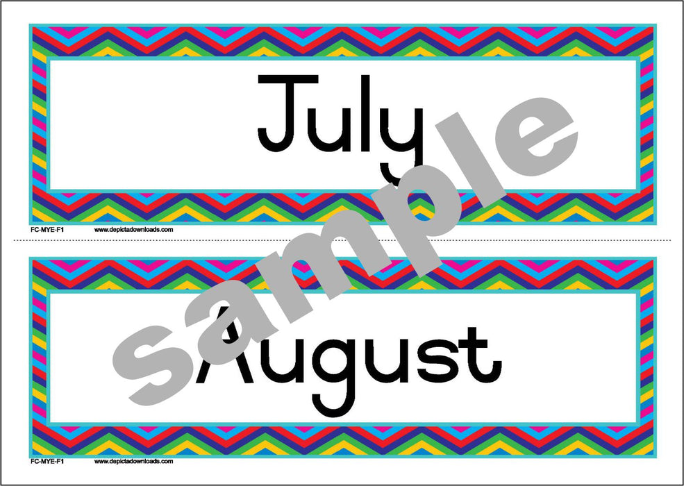 FLASHCARDS: The MONTHS of the YEAR - (Font 1) Chevron borders.