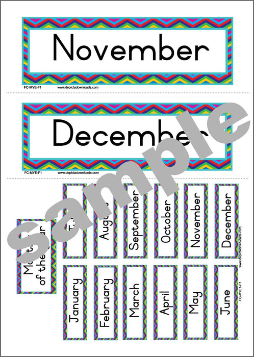 FLASHCARDS: The MONTHS of the YEAR - (Font 1) Chevron borders.