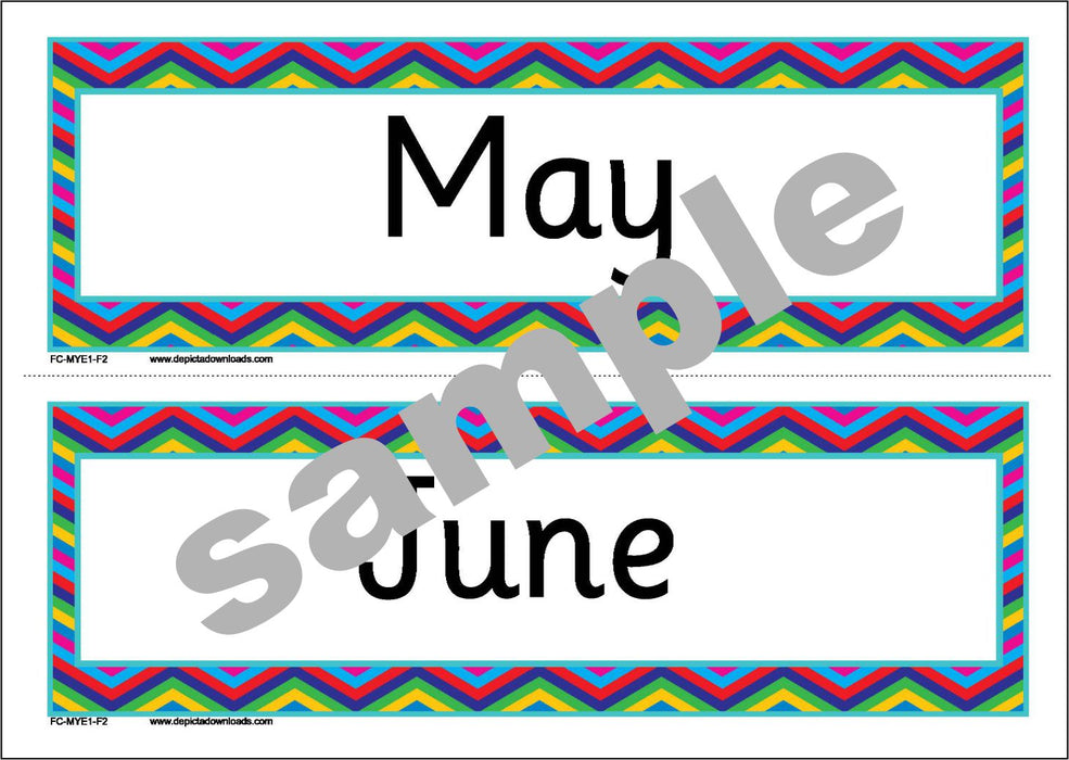 FLASHCARDS: The MONTHS of the YEAR - (Font 2) Chevron borders