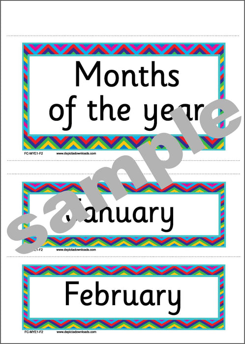 FLASHCARDS: The MONTHS of the YEAR - (Font 2) Chevron borders