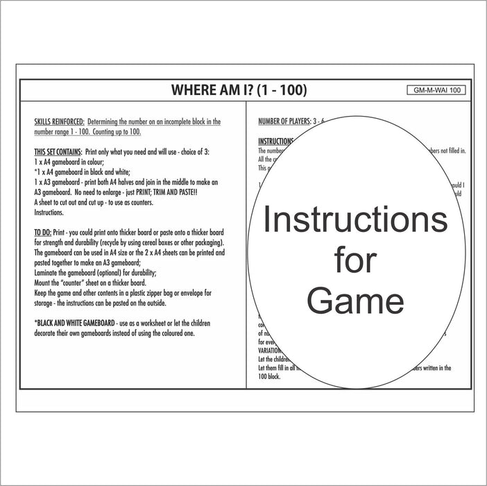 GAME - MATHS - WHERE AM I? 100 ( 1 - 100 number range)